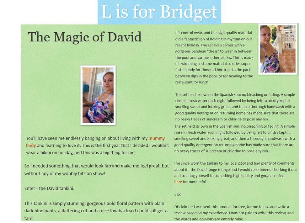 David swim review l is for bridget